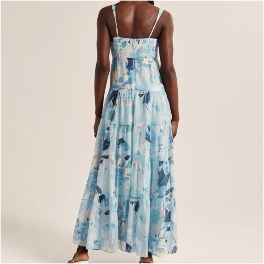 NWT Abercrombie & Fitch Tiered Ruched Blue Babydoll Maxi Dress Sz M